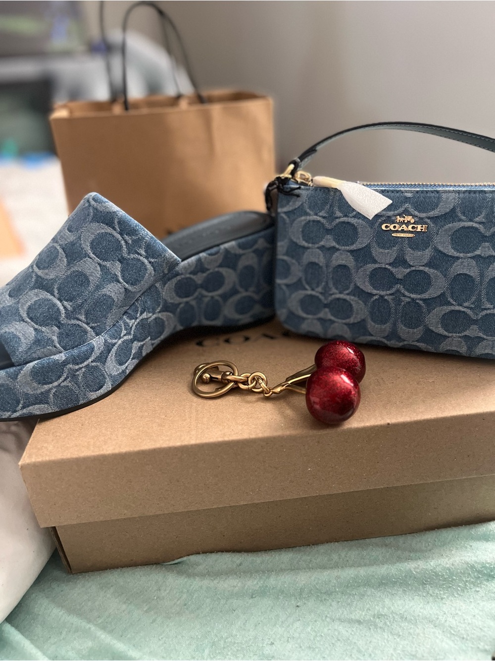 COACH Denim Signature Wedge Sandal and Wristlet Set in Blue